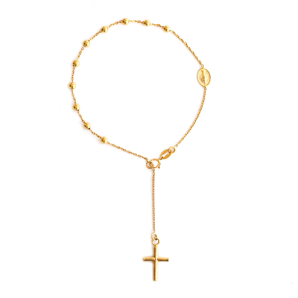 14K Yellow Gold Rosary Bracelet with 3mm Bead and Cross Charm