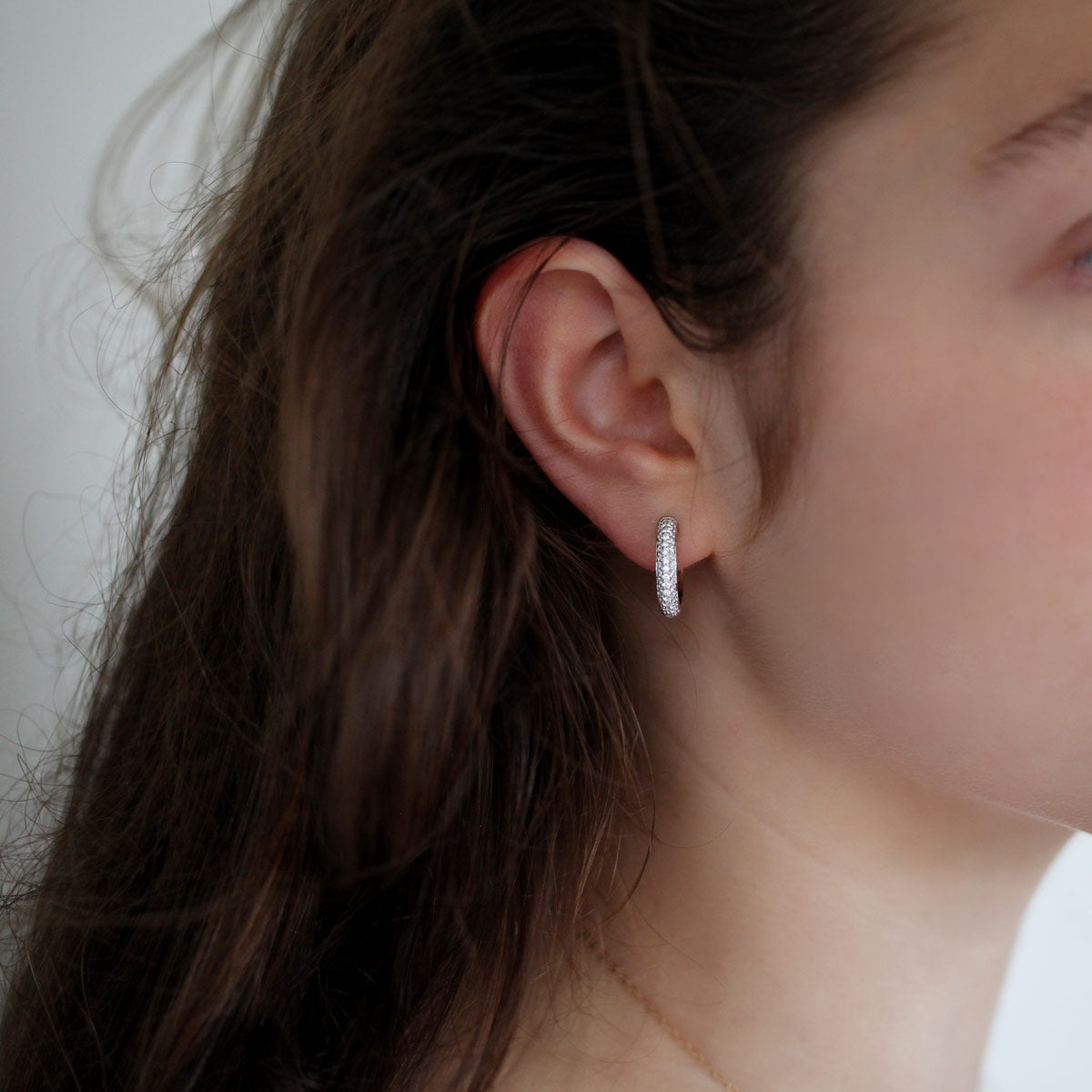 Three Row Pavé Diamond Huggie Earrings in 18K Gold