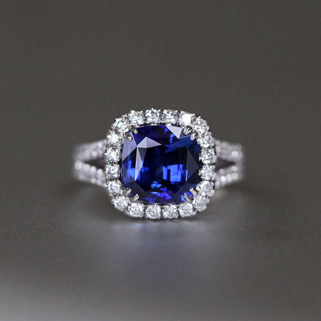 Cushion Cut 4.60ct Sapphire Diamond Halo Split Shank Ring in 18K White Gold