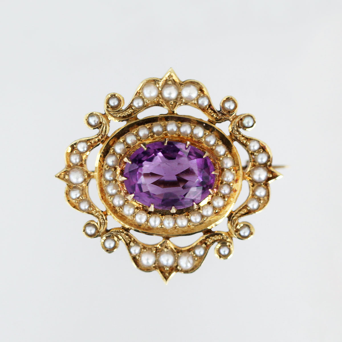 Antique Victorian 14K Gold Amethyst and Seed Pearls Pin/Brooch