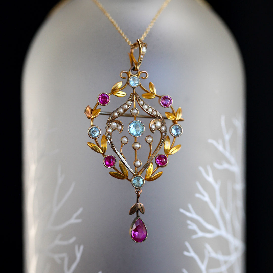 Victorian 9k Gold Lavalier Pendant Necklace with Aquamarines, Rubies, Seed Pearls