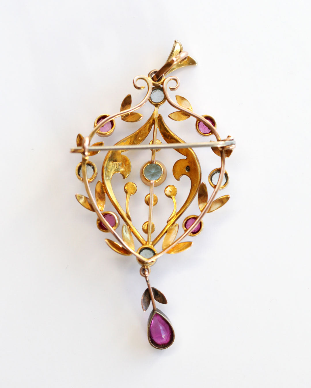 Victorian 9k Gold Lavalier Pendant Necklace with Aquamarines, Rubies, Seed Pearls