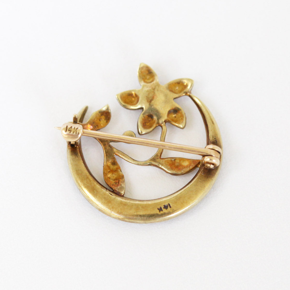 Antique Victorian 14K Gold Seed Pearl Flower & Crescent Pin Brooch