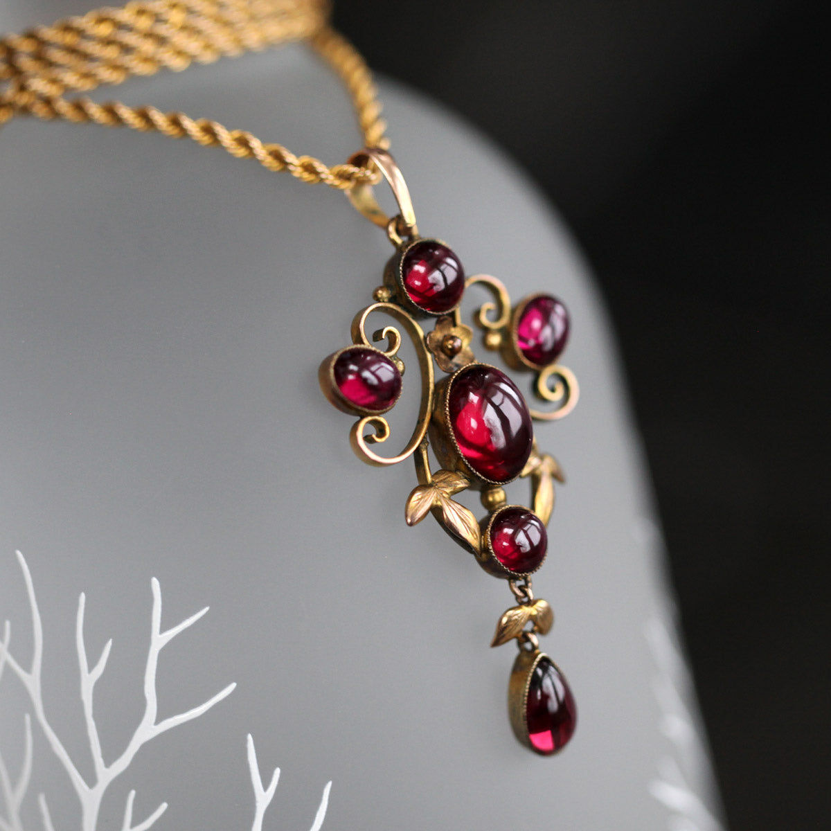 Art Nouveau 9K Gold Pendant with Cabochon Garnets on 14K Rope Chain