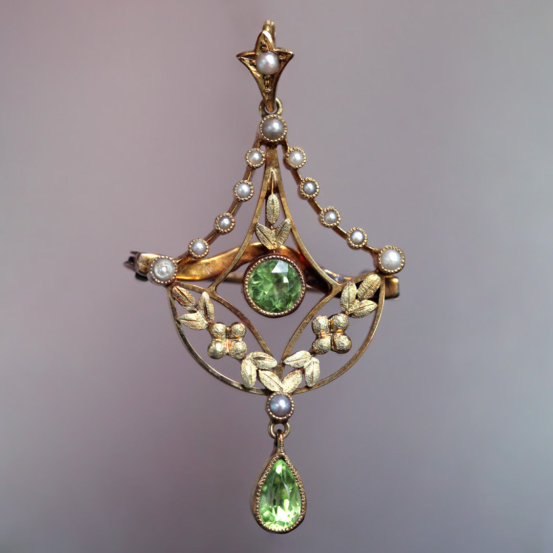 Antique Edwardian Peridot Seed Pearl Lavalier Pendant Brooch in 15K Yellow  Gold