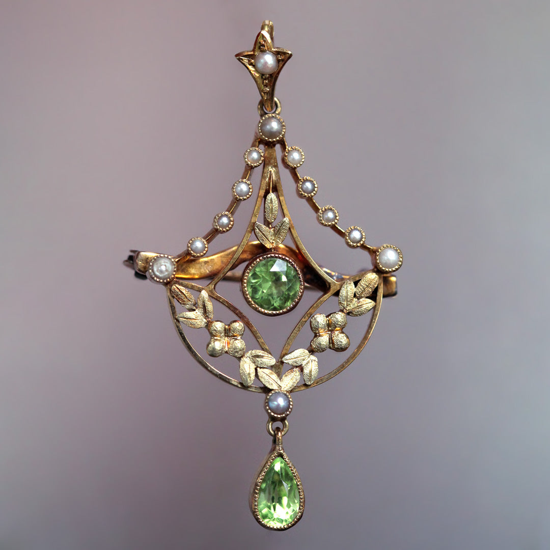 Antique Edwardian Peridot Seed Pearl Lavalier Pendant Brooch in 15K Yellow Gold