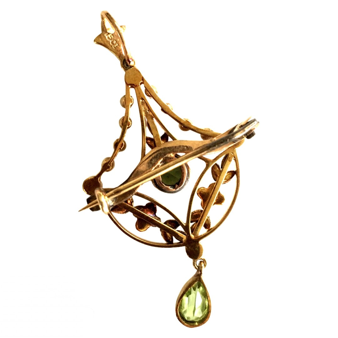 Antique Edwardian Peridot Seed Pearl Lavalier Pendant Brooch in 15K Yellow Gold