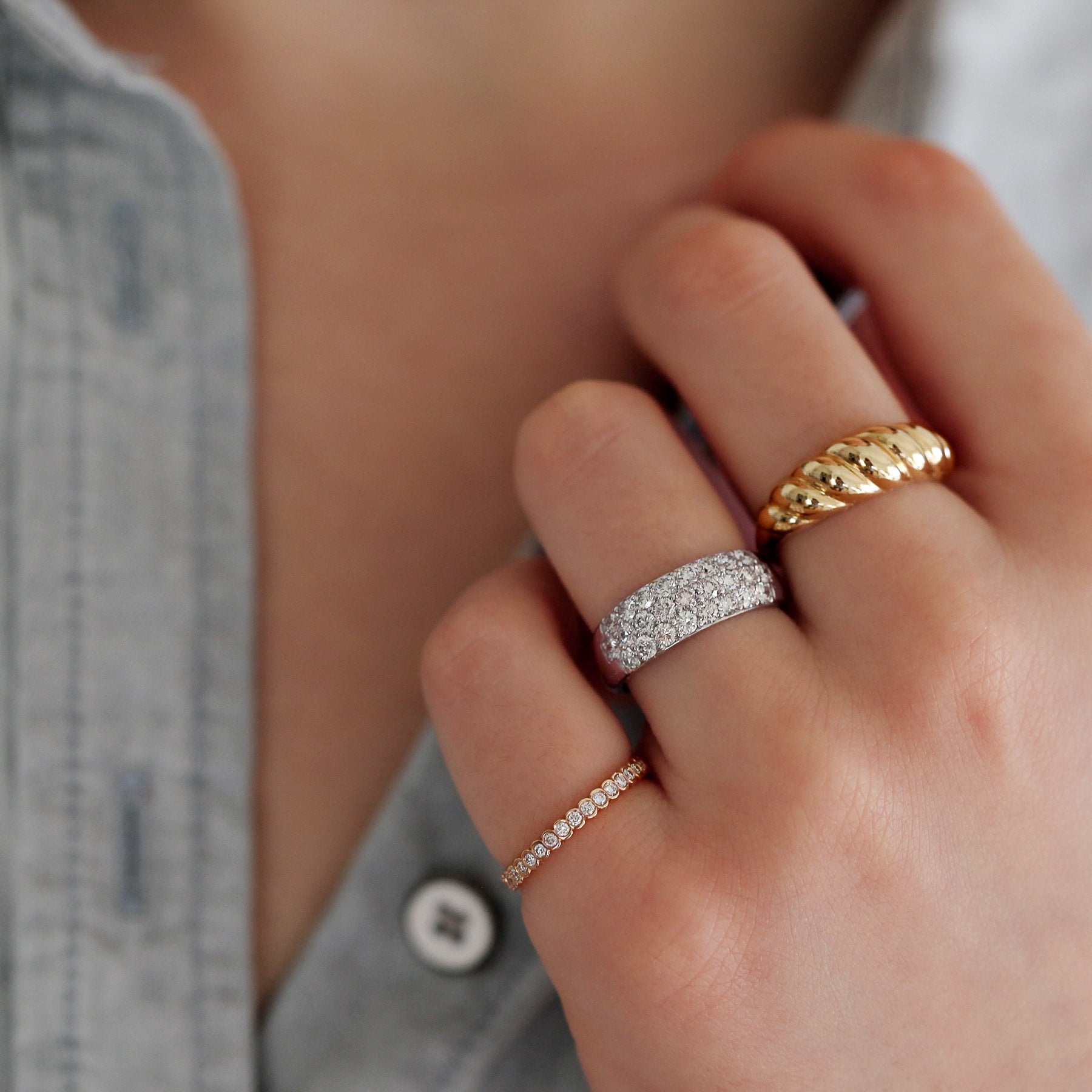 Three-row Diamond Half Pavé Ring in 14K White Gold