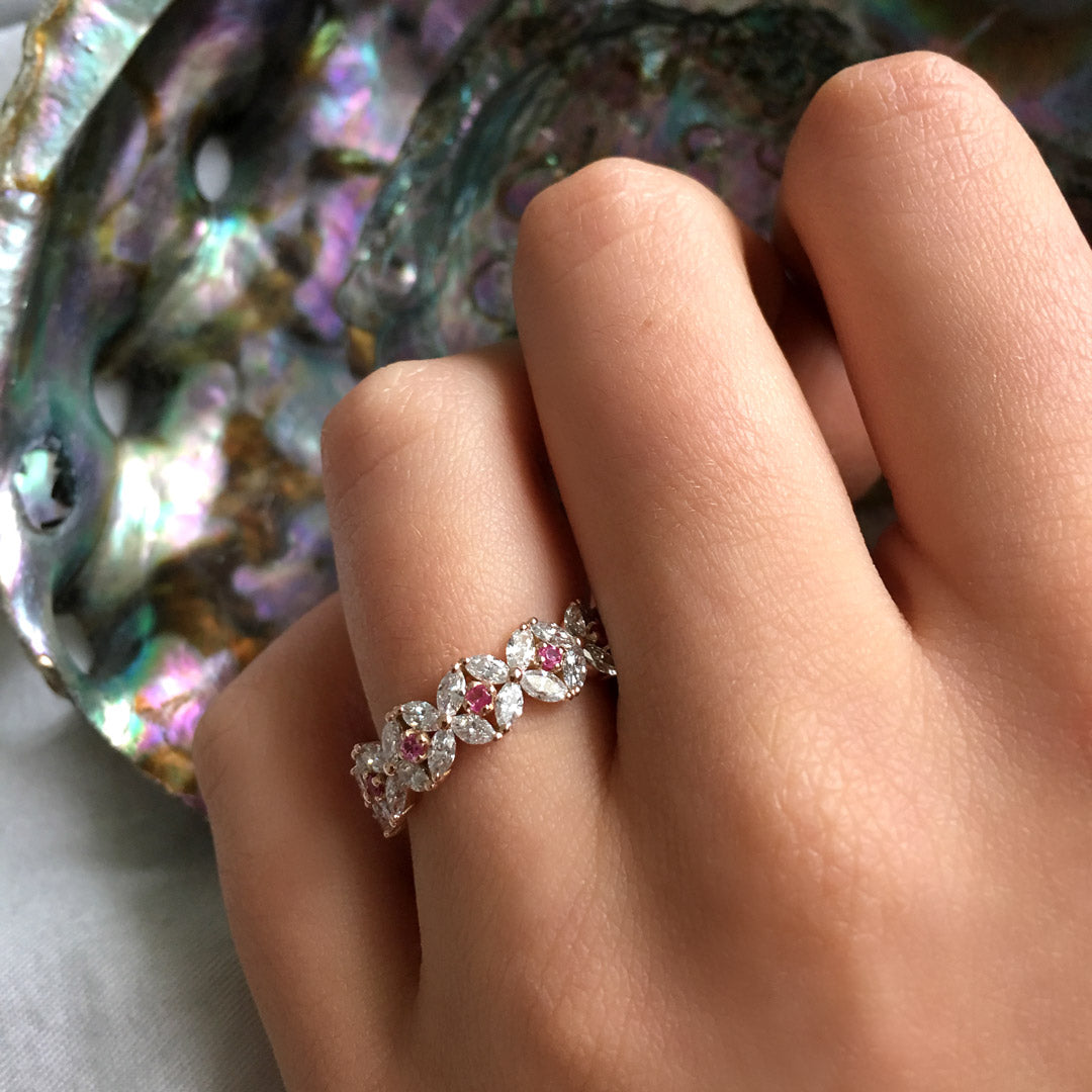MARQUIS DIAMONDS AND PINK SAPPHIRES ETERNITY BAND RING