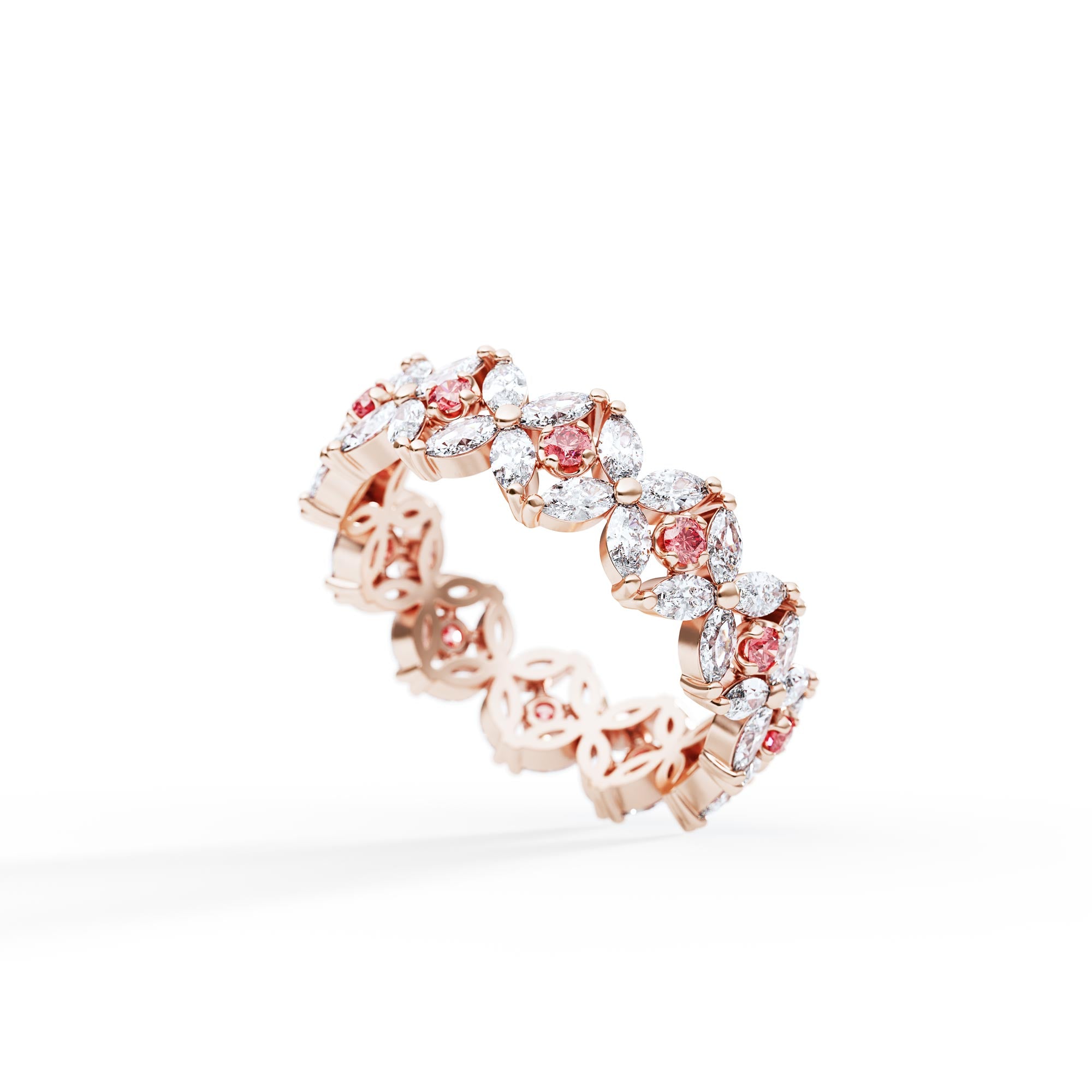 MARQUIS DIAMONDS AND PINK SAPPHIRES ETERNITY BAND RING