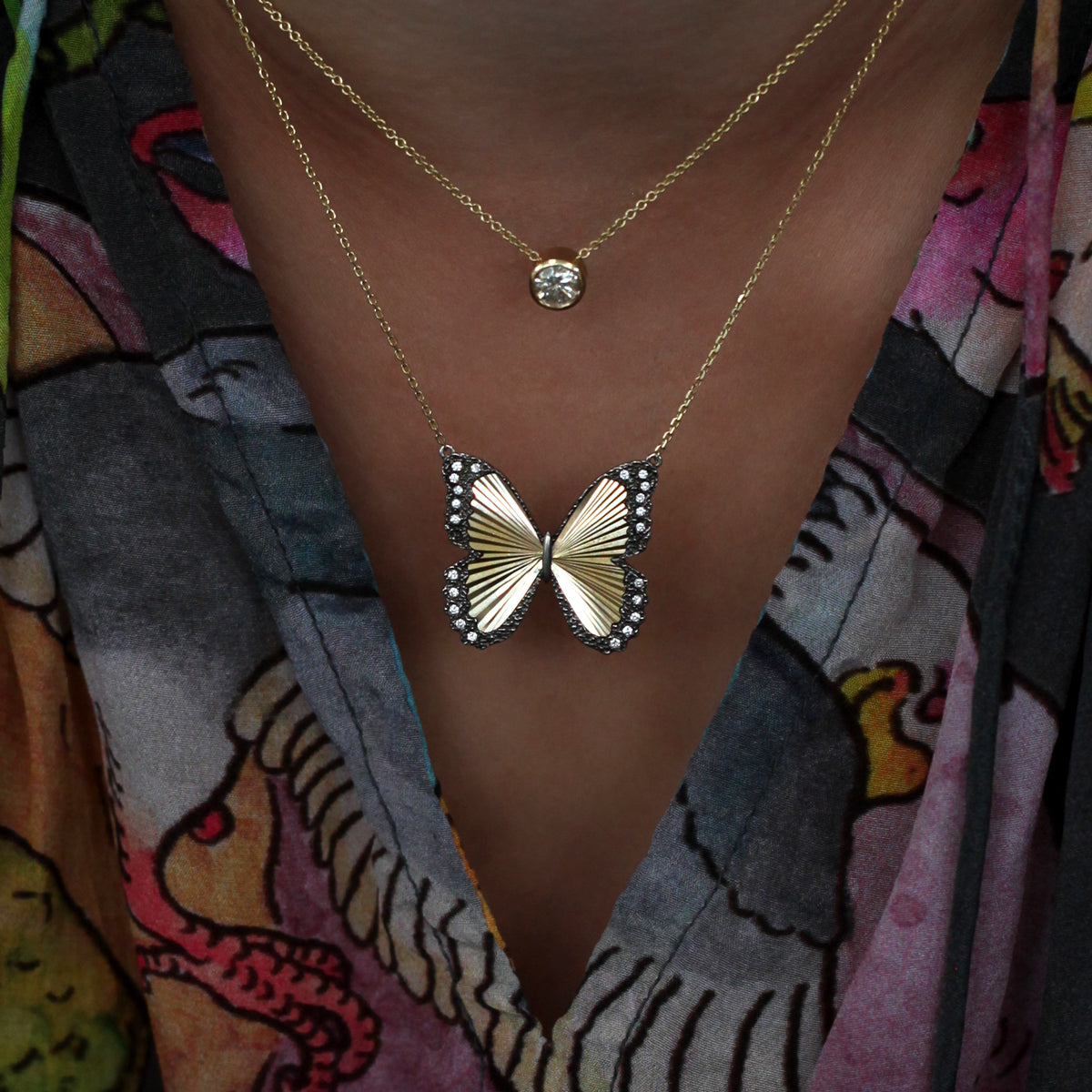 Morpho Butterfly Diamond Necklace in 14k Gold with Black Rhodium