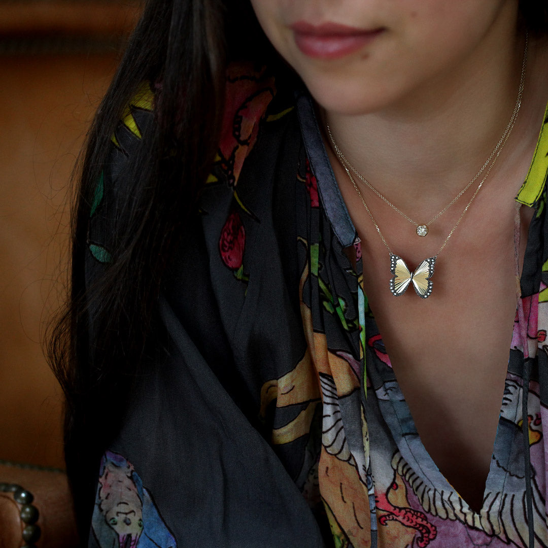 Morpho Butterfly Diamond Necklace in 14k Gold with Black Rhodium