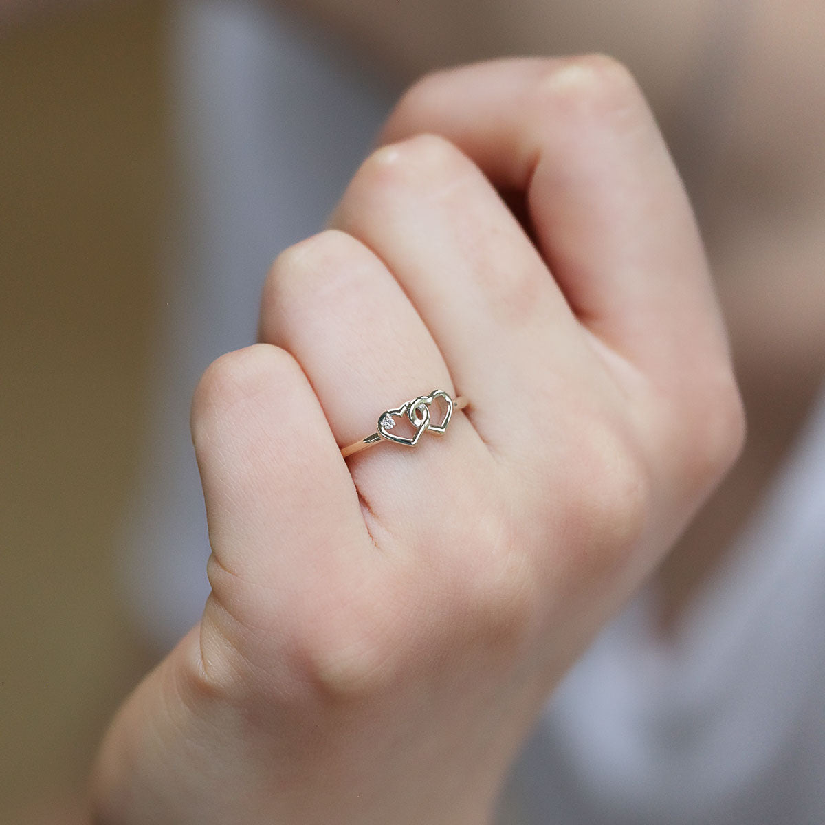 Two Intertwined Hearts Diamond Ring in 14K Gold