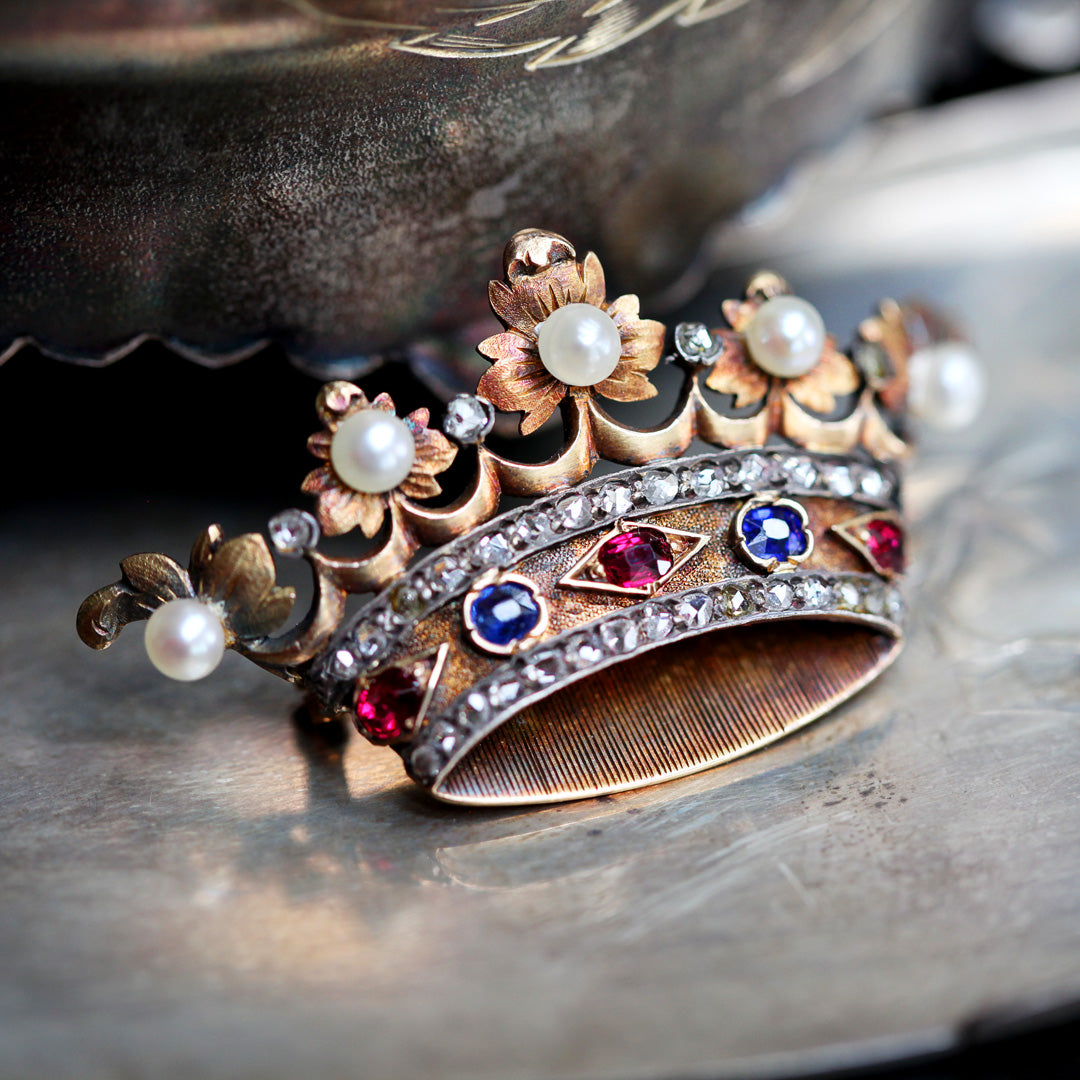 Antique Belle Époque French 18K Gold and Silver Crown Brooch