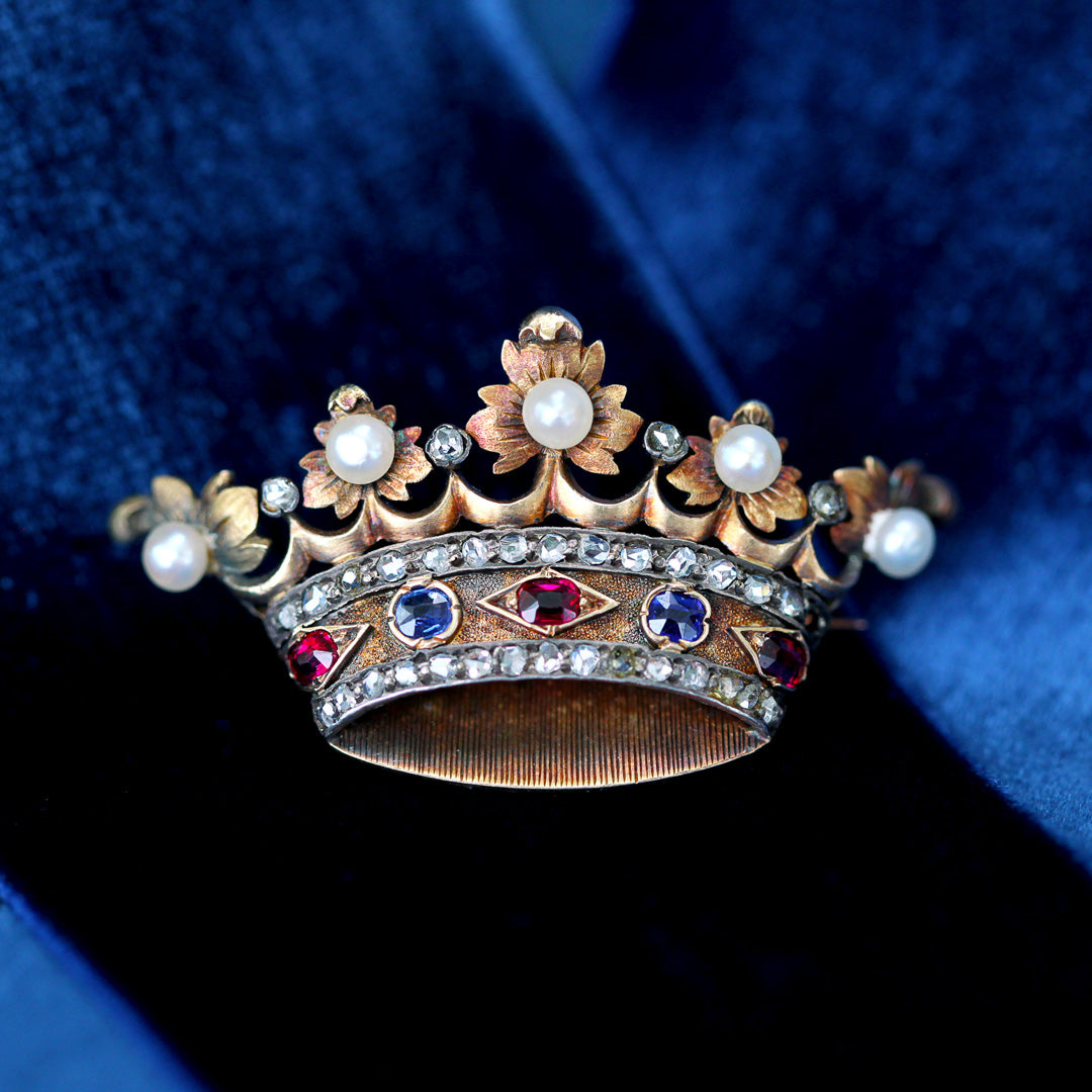 Antique Belle Époque French 18K Gold and Silver Crown Brooch