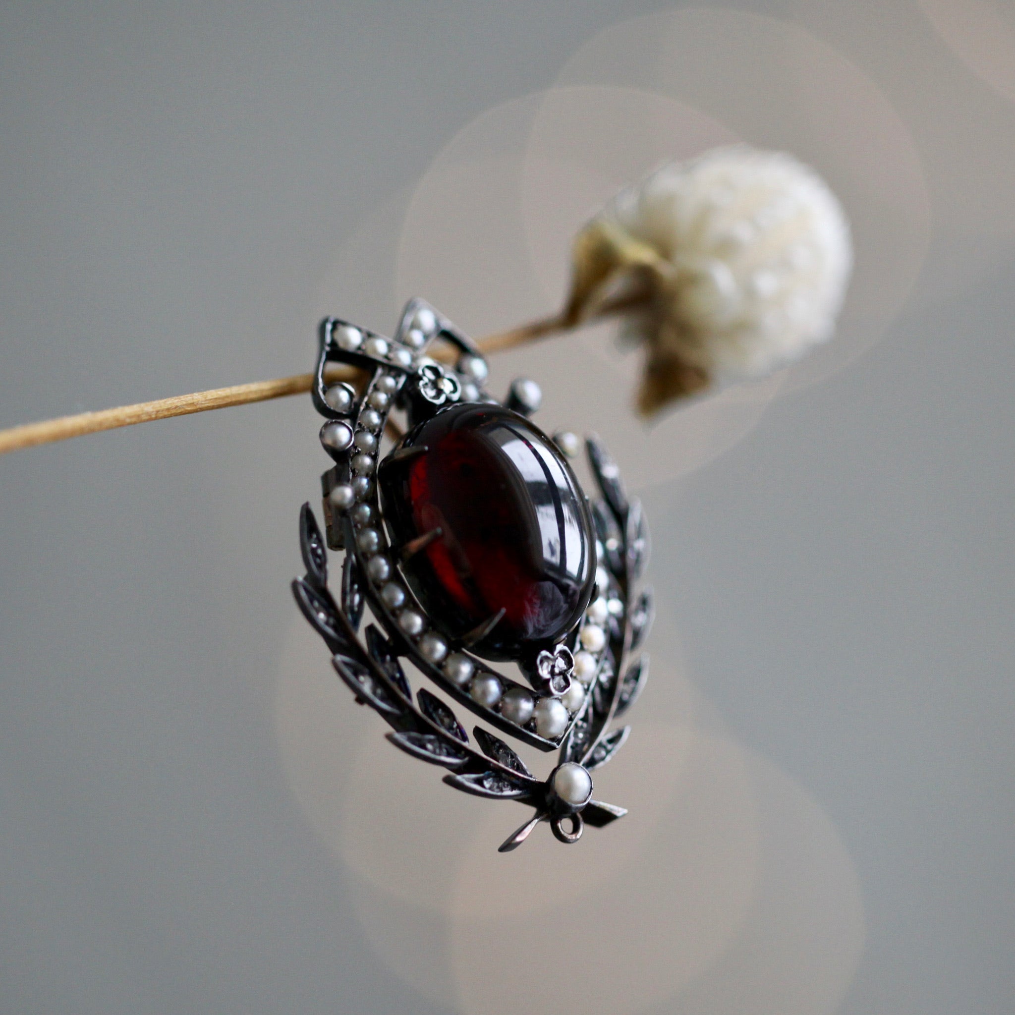 19th C. Sterling Silver 9k Gold Garnet Cabochon Diamonds Pearls Brooch/Pendant