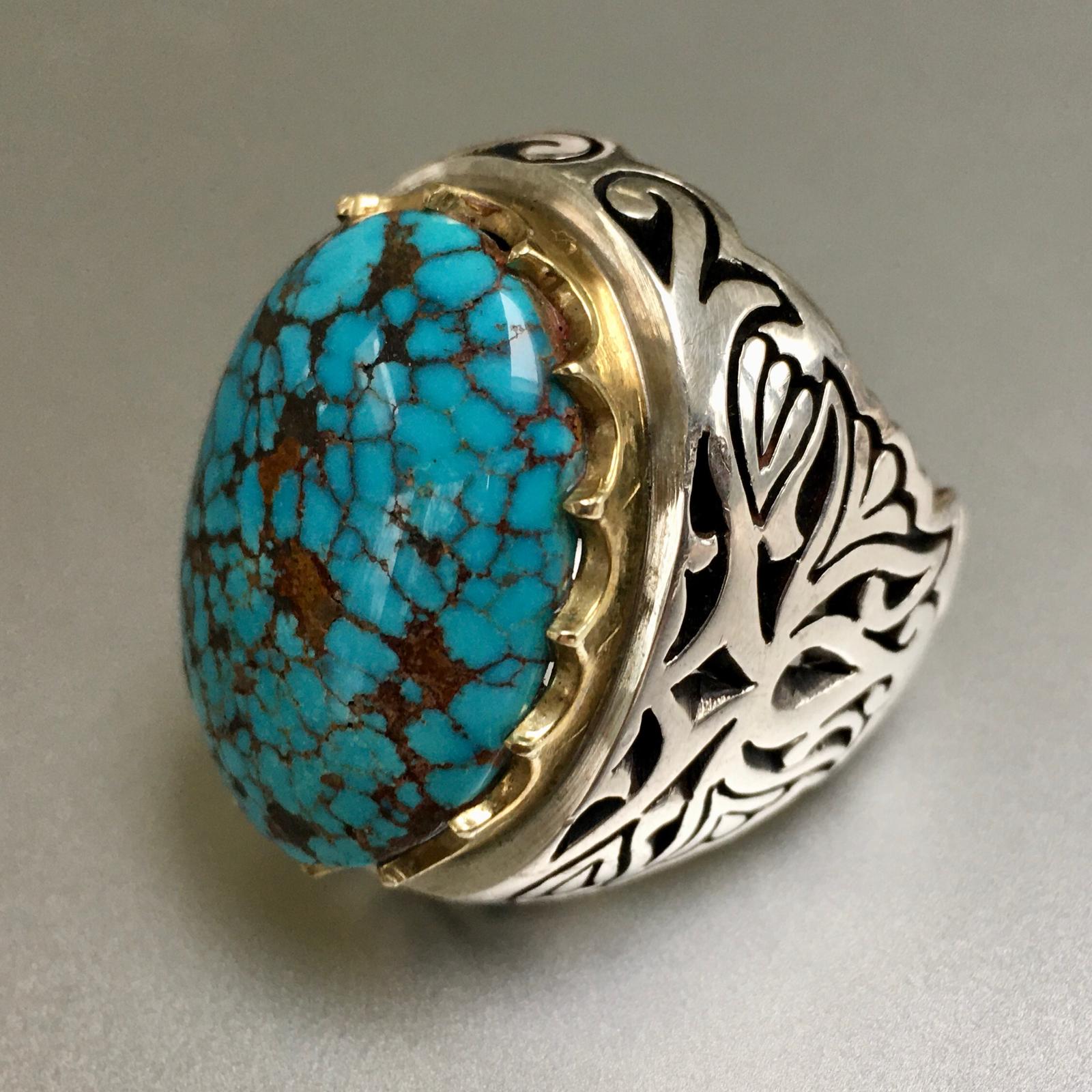 Sterling Silver Hand Carved Large Men Ring 12.75-13 Spiderweb Turquoise