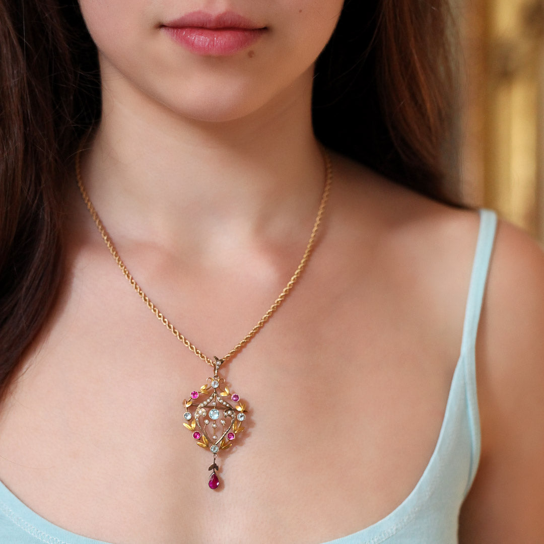 Victorian 9k Gold Lavalier Pendant Necklace with Aquamarines, Rubies, Seed Pearls