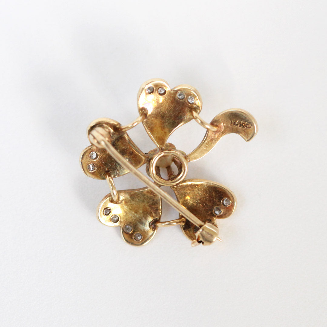 Antique 14K Gold Seed Pearl & Diamonds Four Leaf Clover Flower Brooch