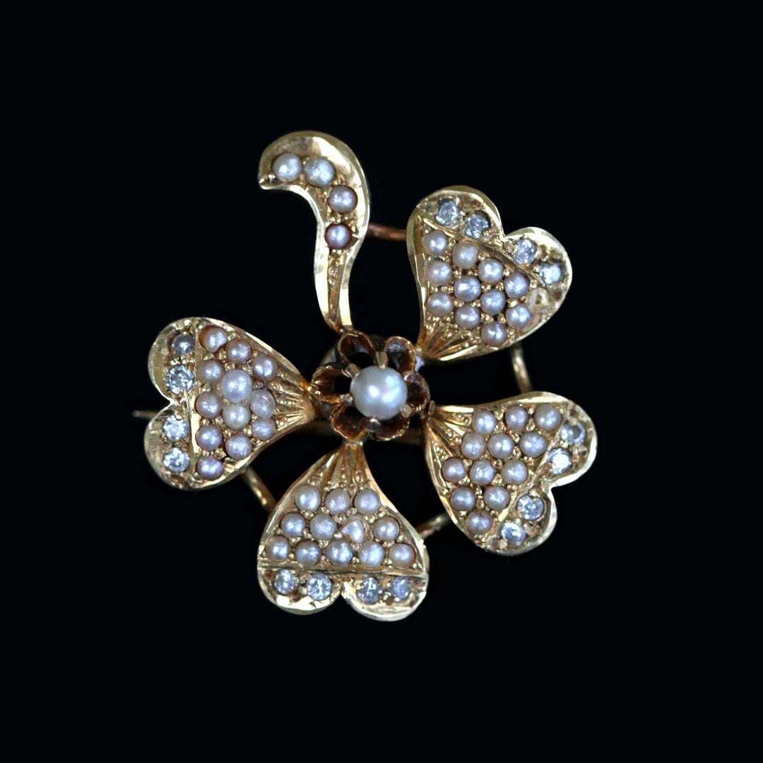 Antique-Victorian-Seed-Pearl-14K-Gold-Clover-Flower-Pin-Brooch