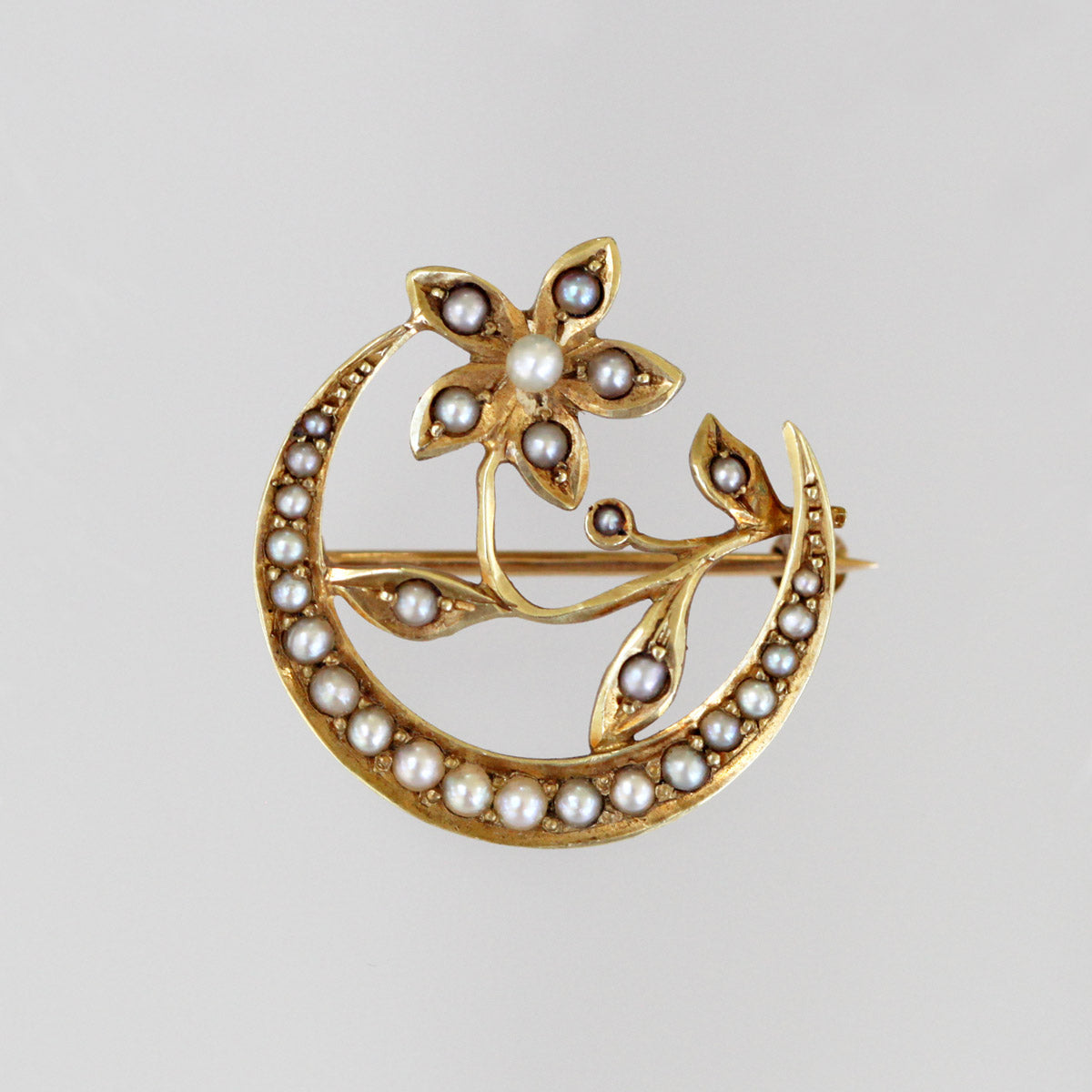 Antique Victorian 14K Gold Seed Pearl Flower & Crescent Pin Brooch