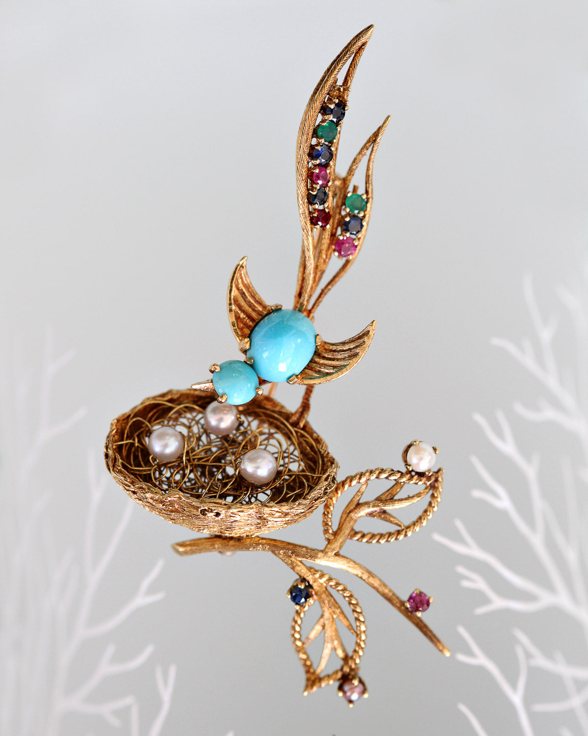 Antique_CHERNY_18k_gold_bird_brooch_turqoise_pearls_rubies_sapphires_emeralds