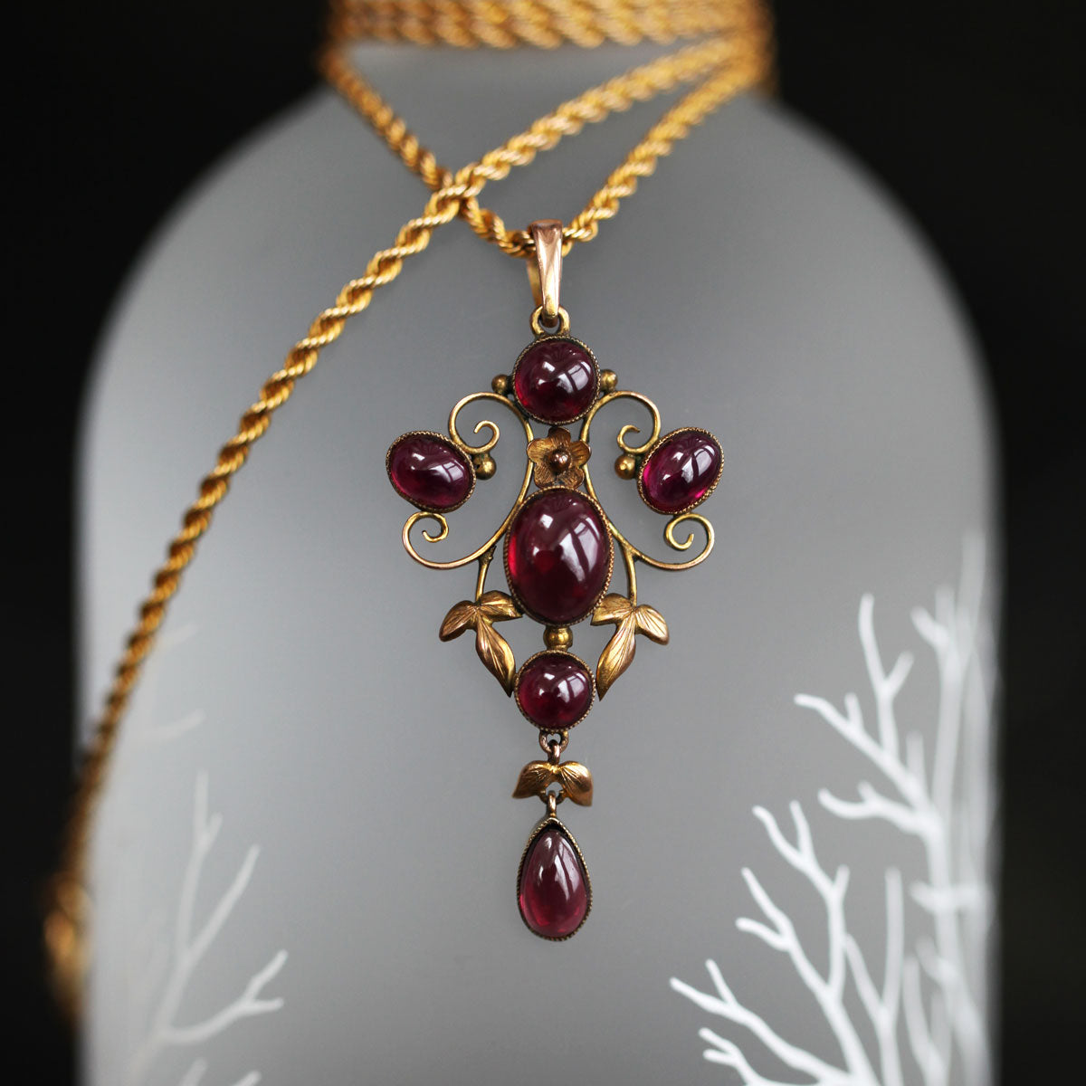 Art-Nouveau-9k-Pendant-with-cabouchons-garnets-on-14k-rope-chain