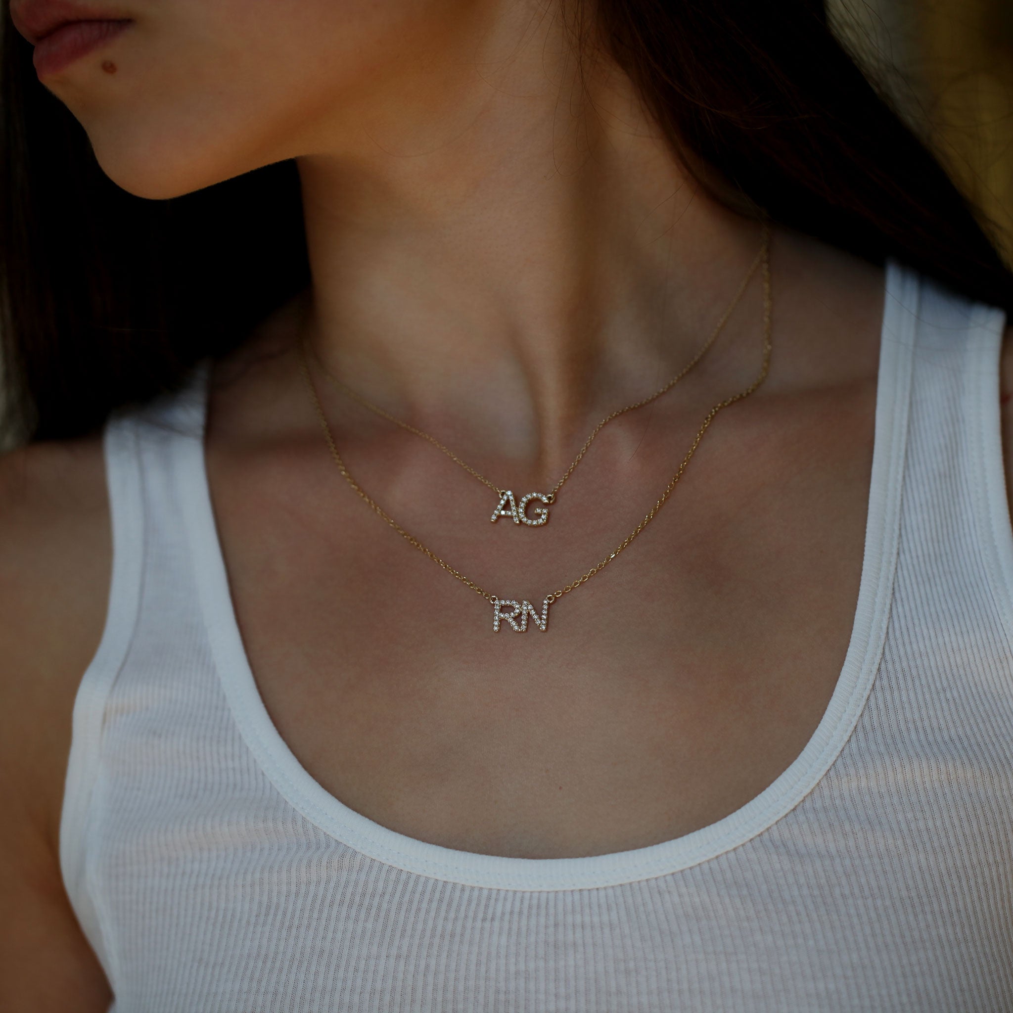 Two Letter Diamond Initial Necklace in 14k Gold