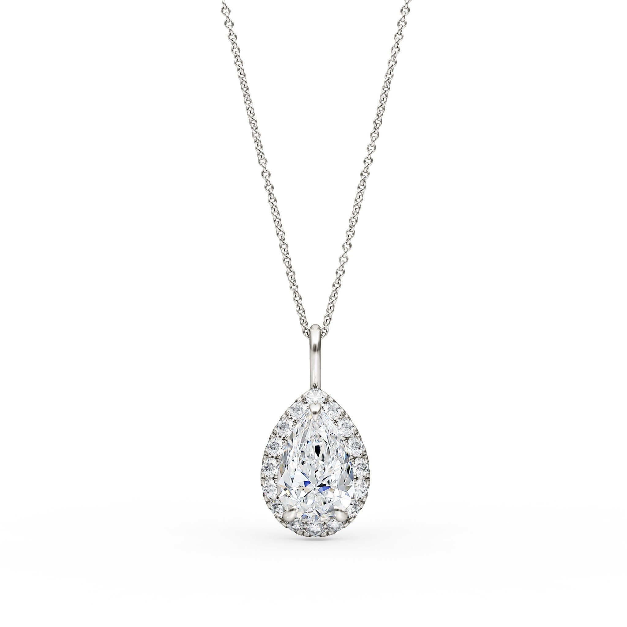 Pear Shape Diamond Halo Pendant Necklace in 14K White Gold