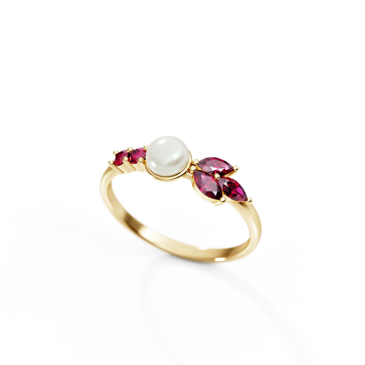 Ruby and Pearl Delicate Stacking Ring in 14K Yellow Gold