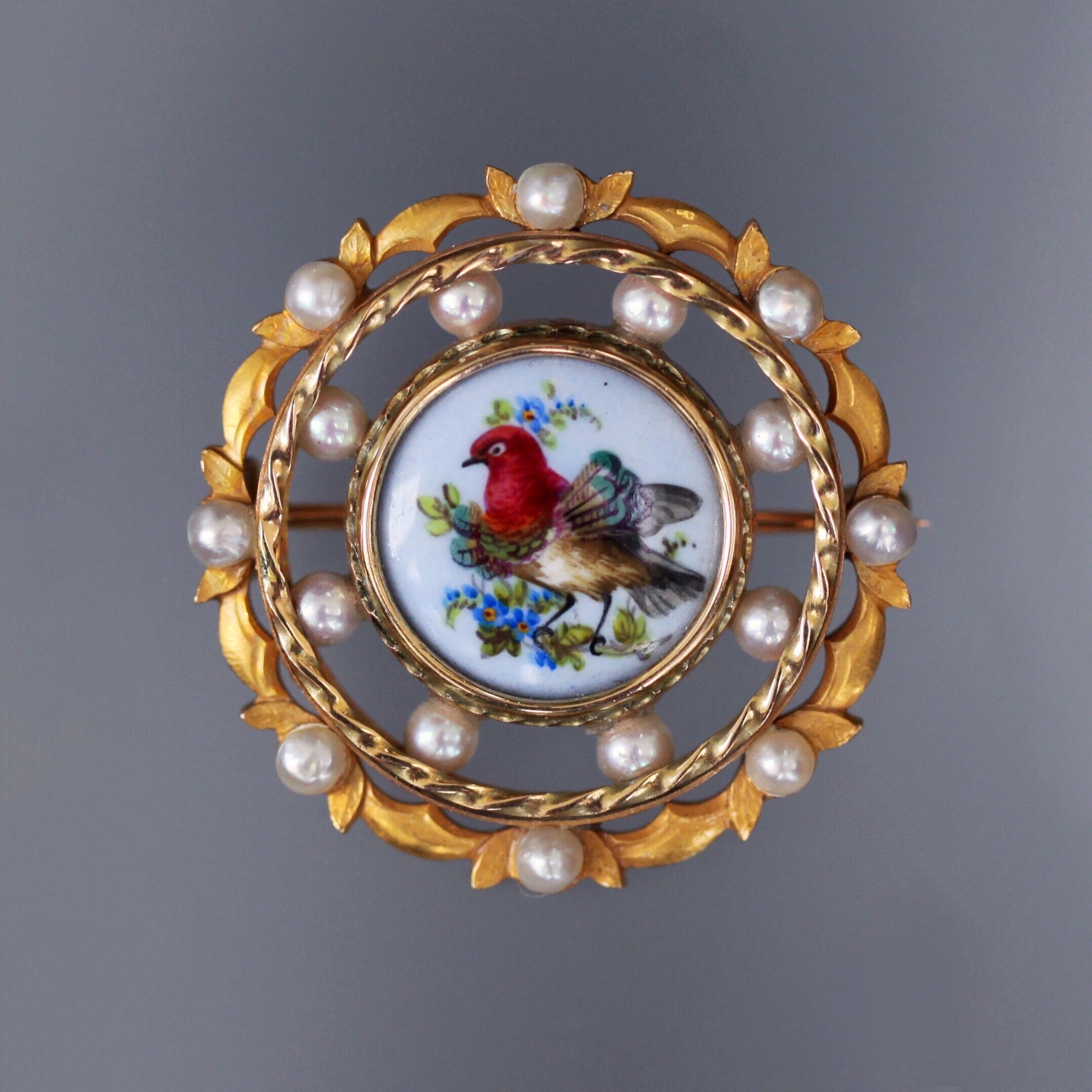 Antique Victorian 18k Gold Porcelain Brooch with Seed Pearls