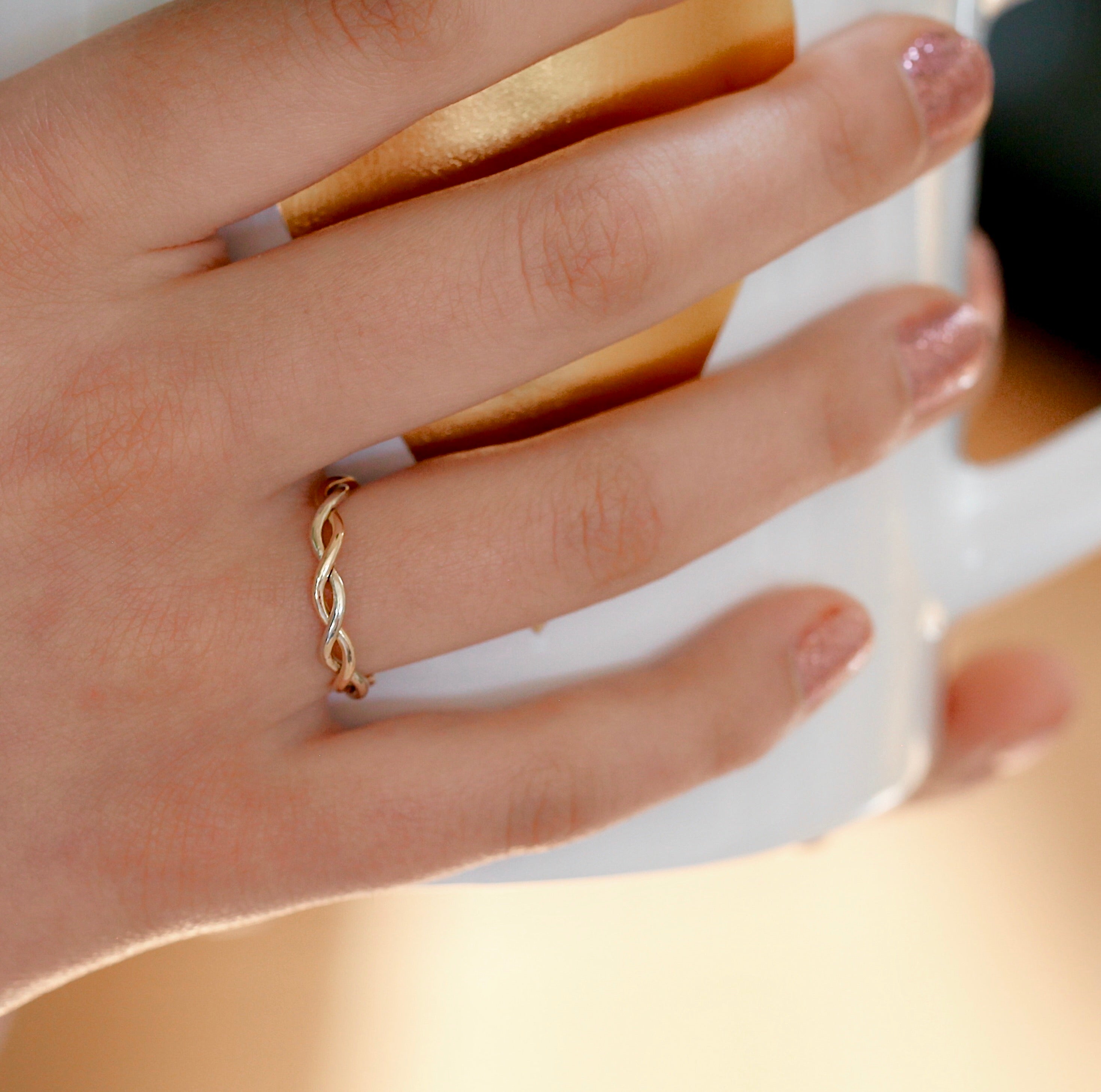Twist Band Ring in White-Yellow 14k Gold